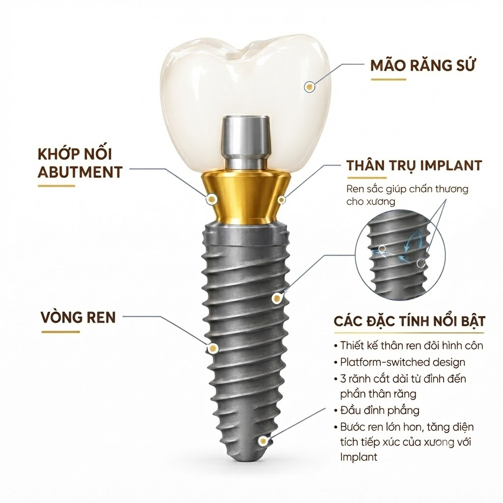 Cấu tạo của Trụ Implant Dentium Mỹ